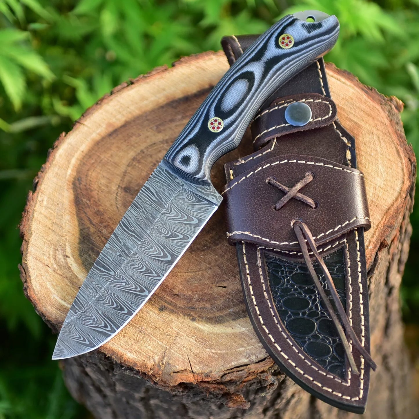 HUNTING KNIVES - Custom Handmade Damascus Steel Hunting Knife Fixed Blade With Leather Sheath