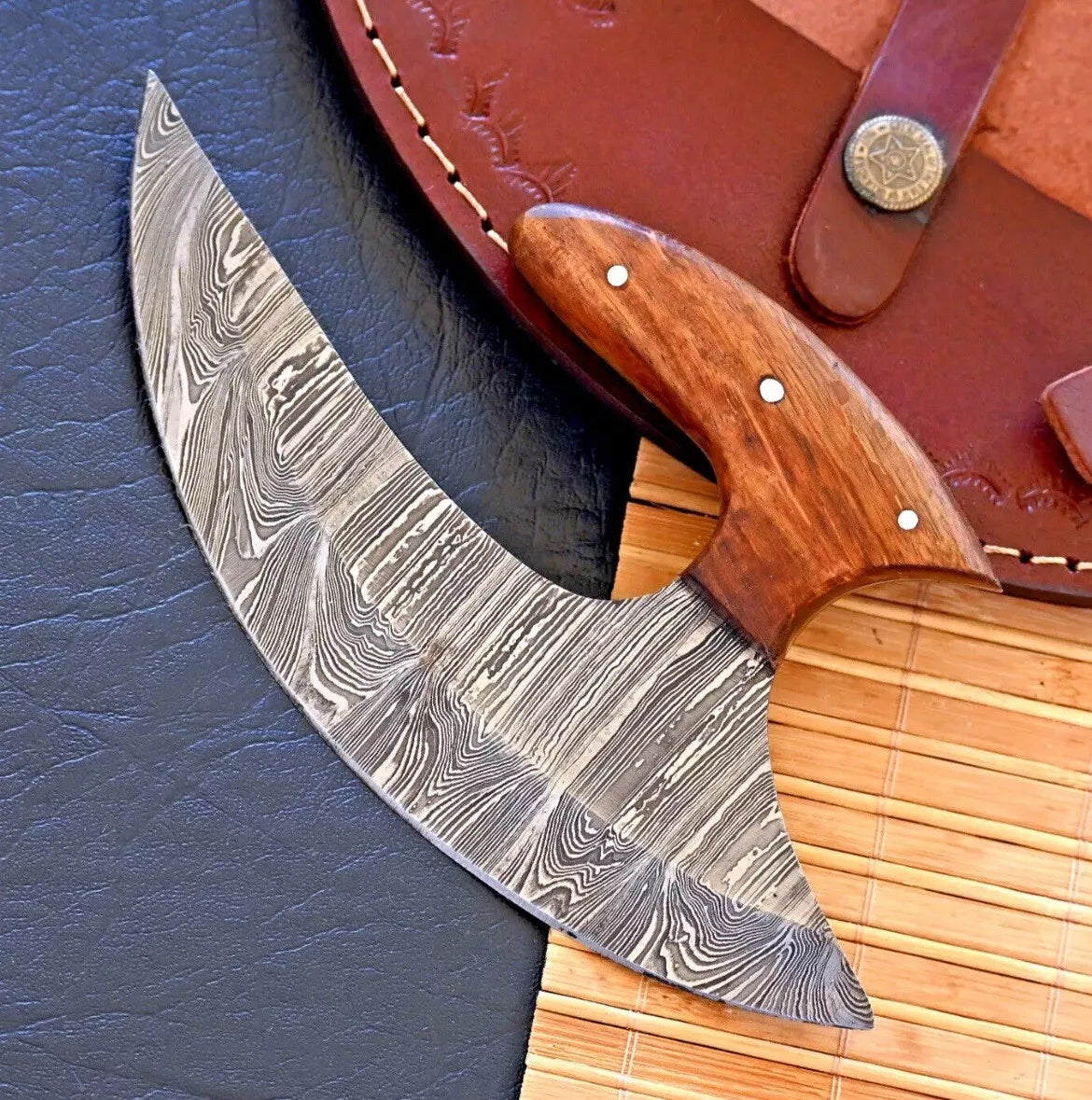 HUNTING KNIVES - Alaskan Ulu Knife W/Sheath, HAND FORGED Damascus Steel Pizza Cutter Full Tang