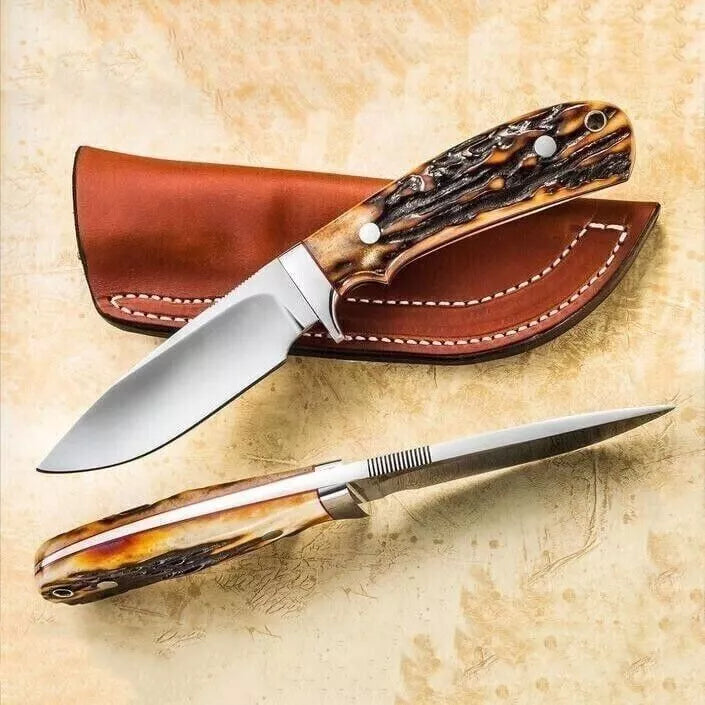 HUNTING KNIVES - Custom handmade D2 steel Skinner knife - Stag horn handle with leather sheath